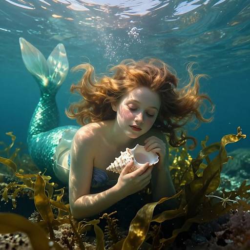 Photograph of a beautiful, fair-skinned mermaid with flowing red hair, turquoise scales, and a white seashell, floating underwater among seaw