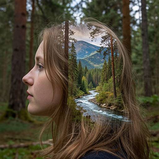 Photograph of a young woman with long brown hair, side profile, her head containing a reflection of a forest with a mountain and river. Realistic