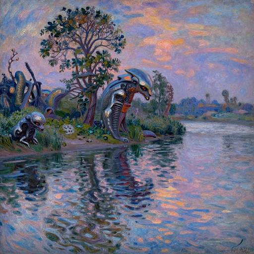 Vibrant digital painting of alien creatures with shiny exoskeletons, standing by a reflective river at sunset, surrounded by trees. Whimsical