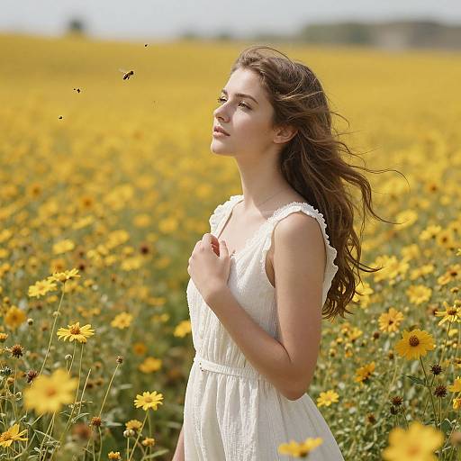 Photograph of a young woman with long brown hair, wearing a white sleeveless dress, standing in a sunny yellow sunflower field, gently touching her