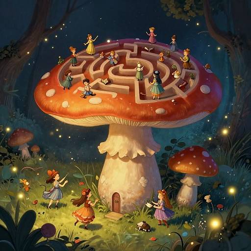 Fantasy illustration of fairy tale characters playing on a giant red mushroom maze in a magical forest, lit by glowing fireflies.