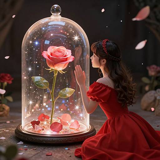 Photograph-style digital art: Young woman in red dress, curly hair, red headband, kneeling, admires glowing rose under glass dome, surrounded