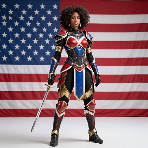 Photograph of an African American woman with curly hair in colorful, detailed medieval armor, holding a sword, standing confidently before an American flag.