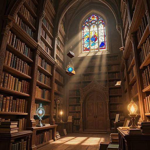 Photograph of a dimly lit, medieval-style library with towering wooden bookshelves, sunbeams through colorful stained glass window, and ornate