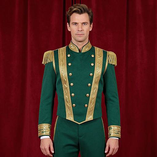Photograph of a handsome man in a green military-style uniform with gold epaulettes and buttons, standing against a red velvet curtain.