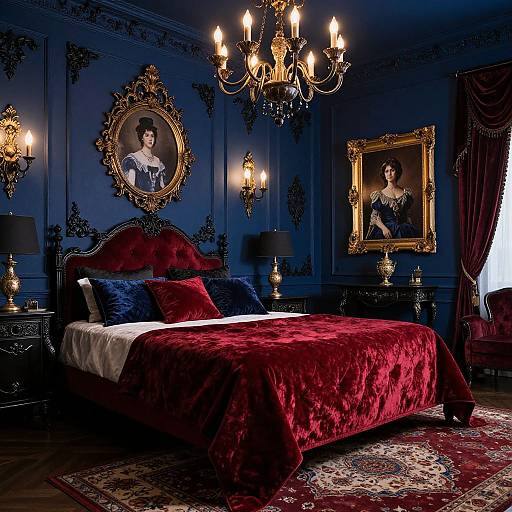 Luxurious Victorian bedroom with blue walls, red velvet bedspread, ornate gold portraits, chandelier, and intricate carpet; rich, opulent decor