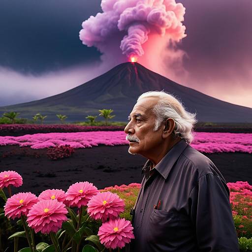 Hyperreal Elder Man Before Flower Volcano