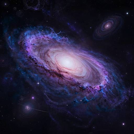 Photograph of a vibrant spiral galaxy with bright white core, purple and blue swirling arms, surrounded by dark space and distant stars.