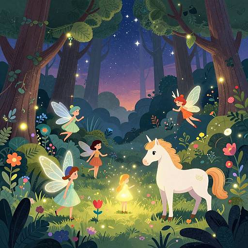Whimsical forest night scene: fairy-tale fairy with glowing wings, red dress, and three more fairies, white unicorn, firefly lights
