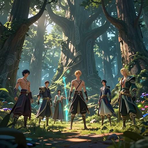Digital fantasy artwork of five armed, shirtless adventurers in forest with glowing blue crystals, towering trees, and sunlight filtering through.