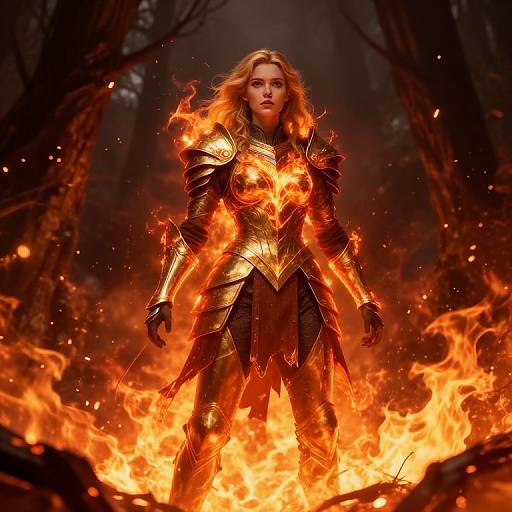 Digital artwork of a fierce, blonde woman in golden armor, standing amidst blazing flames in a dark, forested background.
