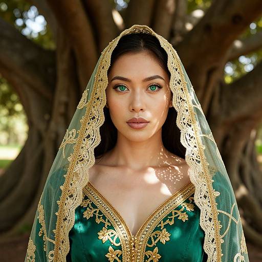 Photograph of a young woman with green eyes, wearing a green and gold embroidered dress and lace veil, standing in front of a large tree.