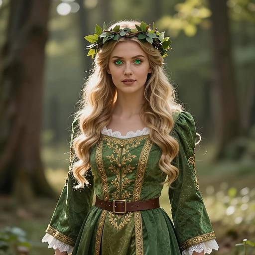 Young Woman in Green Medieval Dress with Leafy Crown