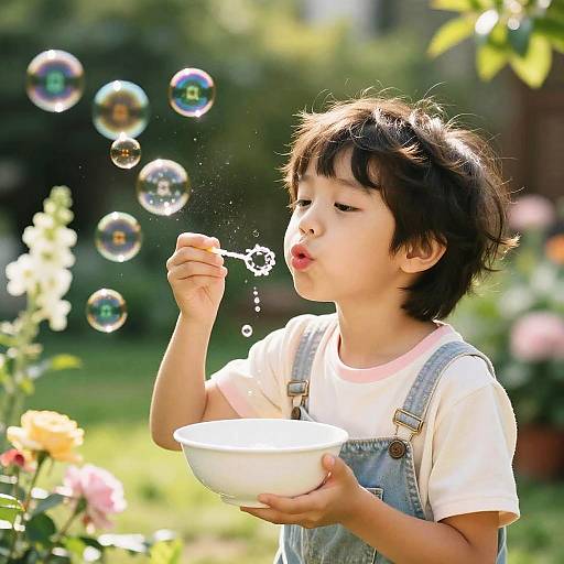 Photograph of a young Asian boy with short black hair, wearing blue overalls and white shirt, blowing bubbles outdoors, surrounded by colorful flowers and sunlight