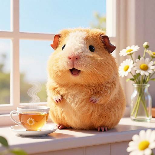 Photograph of a fluffy, orange hamster with dark ears, sitting on a sunlit windowsill, sipping from a steaming tea cup,