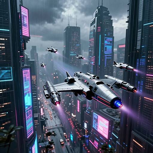 Digital art: Futuristic cityscape with neon-lit skyscrapers, three flying X-wing starfighters emitting blue and red laser beams, cloudy sky