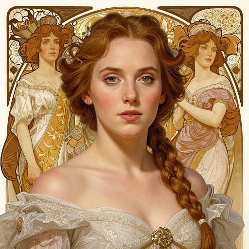 Digital art of a fair-skinned, red-haired woman with blue eyes, braided hair, and lace off-shoulder dress, flanked by