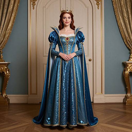 Photograph of a fair-skinned woman with red hair, wearing a blue, ornate Renaissance-style gown with gold embroidery, and a gold crown,