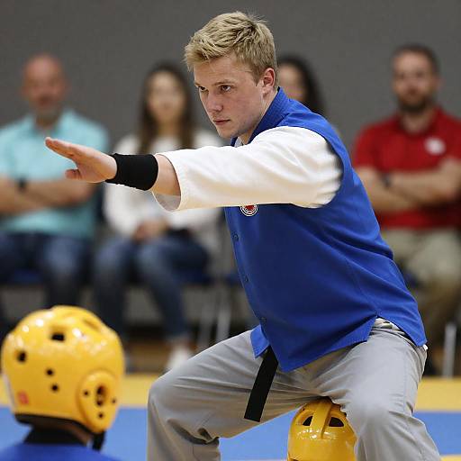 Blonde Martial Artist Kneeling on Helmet