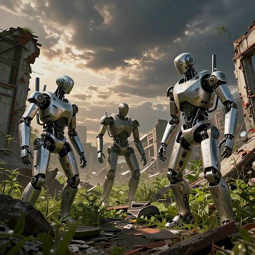 Photorealistic CGI: Three silver, humanoid robots stand in a ruined, overgrown urban landscape under a dramatic, cloudy sky. Rusty buildings surround