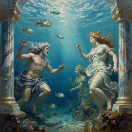 Digital painting of Neptune myth: muscular bearded man with gray hair, white cloth, facing crowned, white-clad woman, small child, surrounded by