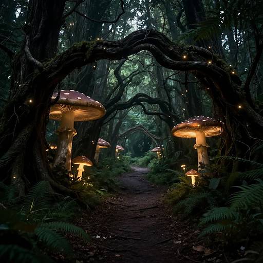 Photograph of a mystical forest path framed by glowing, orange-spotted mushrooms and twisted, dark tree branches adorned with twinkling lights.