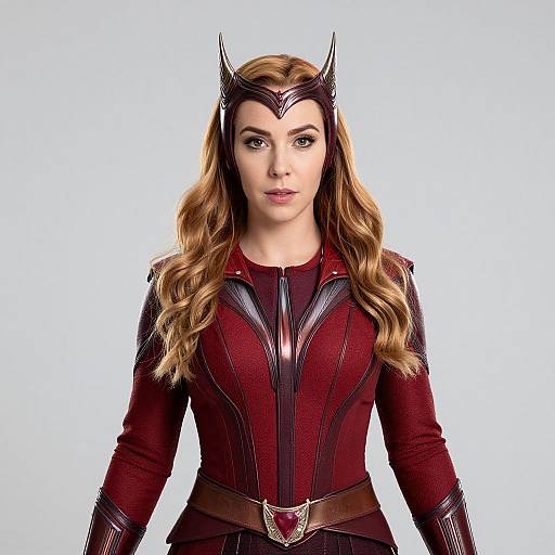 Photograph of a woman with long, wavy blonde hair, wearing a red and black superhero costume with a headpiece, against a plain white background
