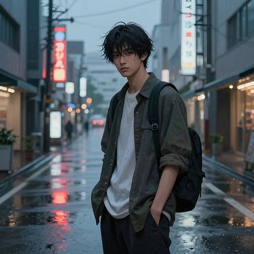 Photograph-style digital art: Young, androgynous Asian man with messy black hair, wearing a green shirt, white tee, and black backpack