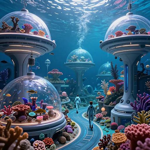 Photorealistic CGI of a futuristic underwater scene with a person walking on a winding path between glowing, dome-covered coral reefs.