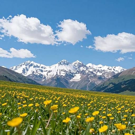 Vibrant photograph of a yellow wildflower field in foreground, leading to snow-capped mountains under a bright blue sky with fluffy white clouds.