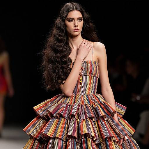Photograph of a slender, long-haired woman in a colorful, striped, ruffled dress walking down a dark, empty runway.