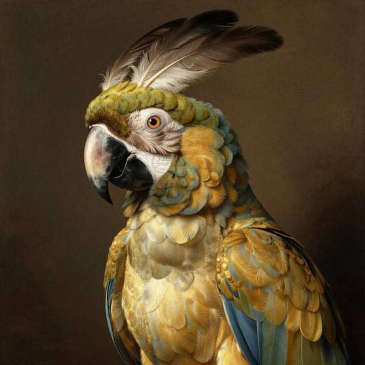 Photograph of a vibrant cockatoo with yellow and green feathers, black crest, and white facial markings against a dark brown background.