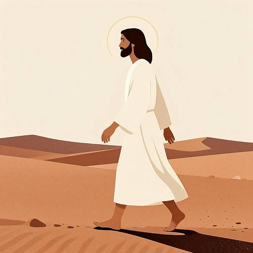 Digital illustration of a bearded man with dark hair in a white robe walking in a desert landscape with orange sand dunes. A halo is faintly