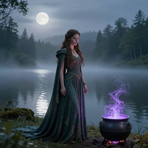 A mystical woman in an ornate dark dress stands by a glowing cauldron, moonlit lake, and forest backdrop at night. Digital art.
