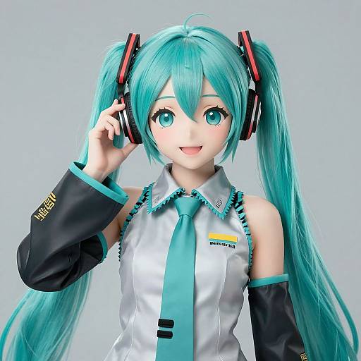 Photorealistic digital art of Hatsune Miku, a turquoise-haired anime Vocaloid with twin-tails, wearing a sleeveless white shirt, teal