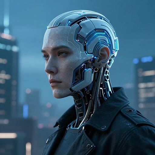 CGI image of a cybernetic woman with a metallic, blue-lit head in a dark jacket, set against a futuristic cityscape at night