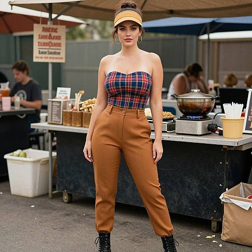 Photograph of a stylish woman in a plaid tube top, brown high-waisted pants, black boots, and yellow visor, standing at