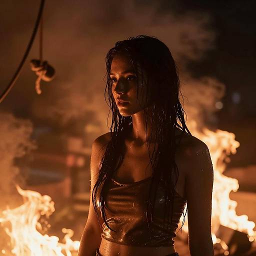 Woman Standing Amid Fire and Smoke