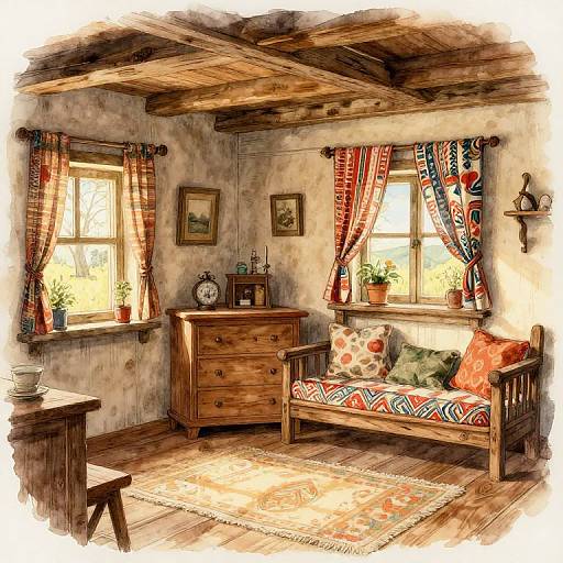 Cozy rustic living room with wooden ceiling, colorful patterned curtains, wooden dresser, armchair with patterned cushions, potted plants, and framed