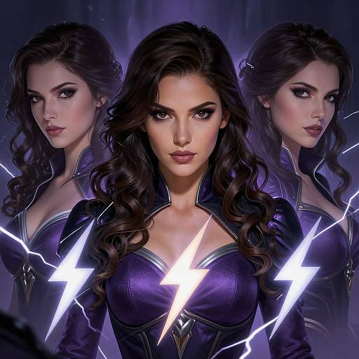 Digital art of a fierce, dark-haired woman with lightning bolts, wearing a purple, cleavage-revealing outfit, flanked by two identical versions