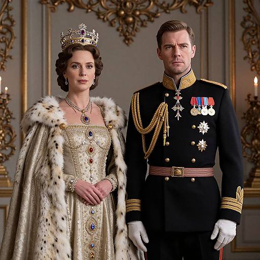 Photograph of a regal couple: a woman in a gold dress and fur-lined robe with a crown, and a man in a black military uniform