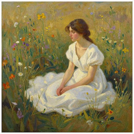 Impressionist painting of a young woman with brown hair, wearing a white dress, sitting amidst a vibrant meadow of wildflowers.