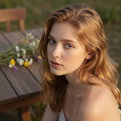 Photograph of a young Caucasian woman with wavy, light brown hair, blue eyes, and fair skin, sitting outdoors at a wooden table with a