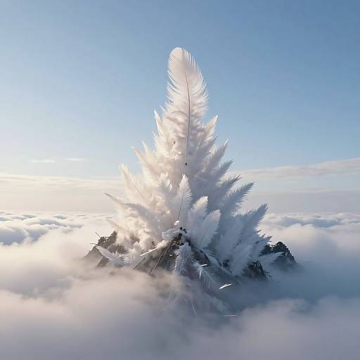 Photorealistic digital artwork of a snow-covered evergreen tree with a single glowing feather, set against a bright blue sky and fluffy clouds.