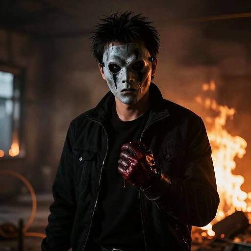 Man in Horror Mask with Bloody Glove in Burning Building