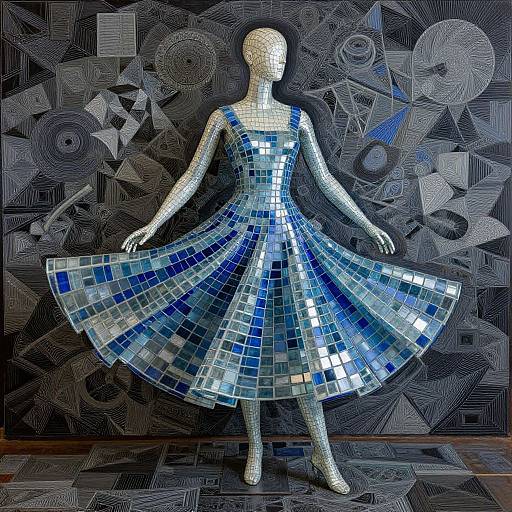 Photograph of a white, faceless mannequin dressed in a blue and silver mosaic dress, standing against a black, geometric-patterned background.