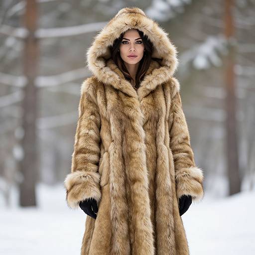 Photograph of a woman with dark hair and makeup, wearing a long, tan, fur hooded coat, standing in a snowy forest.