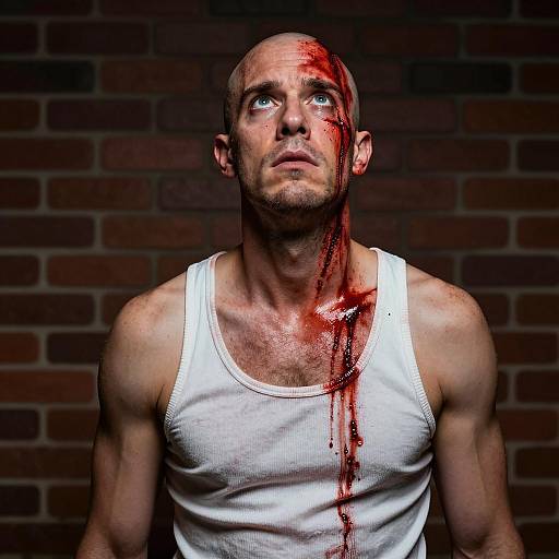 Intense Bald Man in Bloodied Display