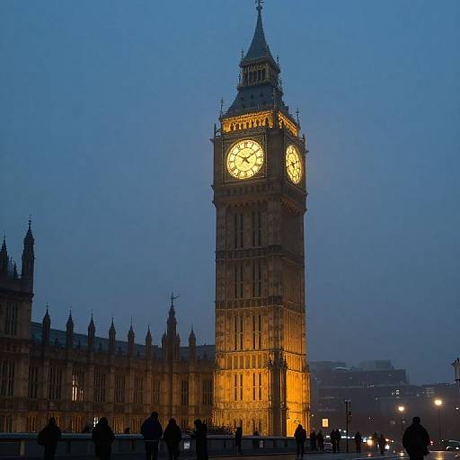 Photograph of the illuminated Big Ben clock tower at dusk, with a blue evening sky, silhouetted people in the foreground, and the Gothic