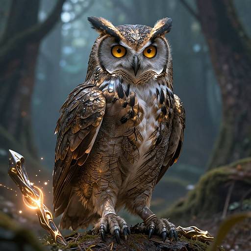 Photorealistic CGI of a glowing-eyed owl with detailed brown and white feathers, standing on a mossy forest floor, with sparks emanating from its
